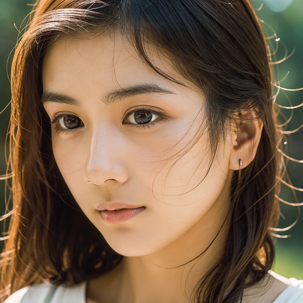 A hyper-realistic image of a single Japanese woman in her early 20s, captured with the nostalgic warmth and subtle graininess of a film camera. Her skin has a warm beige tone with a natural, slightly rough texture that includes visible pores, fine lines, and subtle imperfections such as small blemishes, adding to the authenticity of her appearance. The soft, diffused natural light enhances the film-like quality, casting gentle shadows that create a timeless, organic feel. Her straight, glossy black hair frames her face in a natural, slightly tousled manner, and her deep brown eyes reflect the ambient light, adding depth and emotion. The film camera effect introduces a slight grain and a softer focus, giving the image a warm, nostalgic atmosphere while maintaining the realistic texture of her skin. She is dressed simply, in a way that complements her natural beauty, with the overall composition designed to evoke a sense of genuine, understated elegance. The use of natural light, combined with the deliberately rougher texture of her skin and the film-like qualities, ensures that this image captures the imperfections that make her beauty truly lifelike, focusing solely on this one individual.