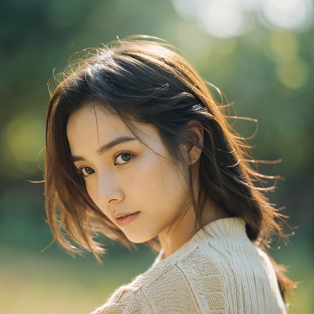 A hyper-realistic image of a single Japanese woman in her early 20s, captured with the nostalgic warmth and subtle graininess of a film camera. Her skin has a warm beige tone with a natural, slightly rough texture that includes visible pores, fine lines, and subtle imperfections such as small blemishes, adding to the authenticity of her appearance. The soft, diffused natural light enhances the film-like quality, casting gentle shadows that create a timeless, organic feel. Her straight, glossy black hair frames her face in a natural, slightly tousled manner, and her deep brown eyes reflect the ambient light, adding depth and emotion. The film camera effect introduces a slight grain and a softer focus, giving the image a warm, nostalgic atmosphere while maintaining the realistic texture of her skin. She is dressed simply, in a way that complements her natural beauty, with the overall composition designed to evoke a sense of genuine, understated elegance. The use of natural light, combined with the deliberately rougher texture of her skin and the film-like qualities, ensures that this image captures the imperfections that make her beauty truly lifelike, focusing solely on this one individual.