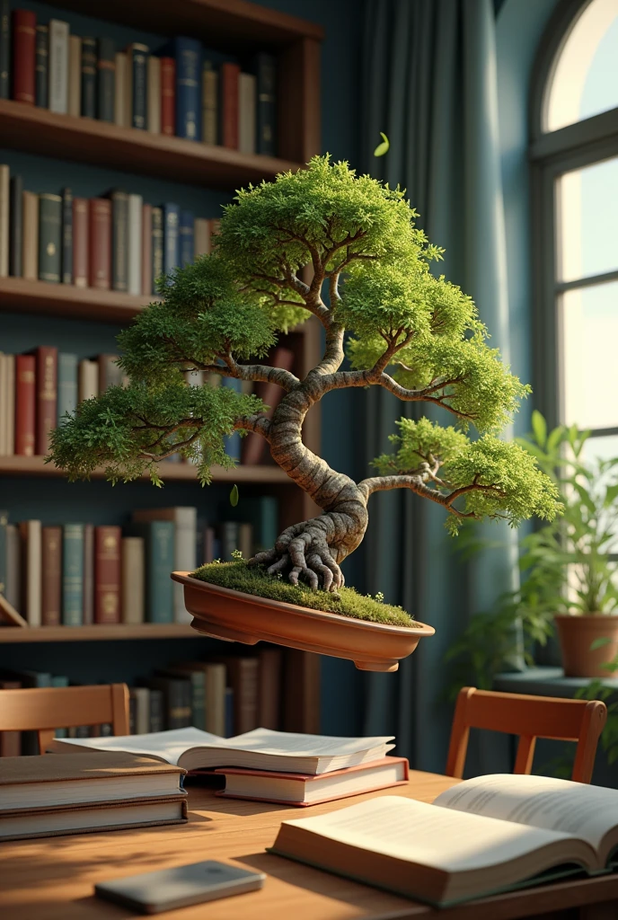a bookshelf with a bonsai plant falling from a plane