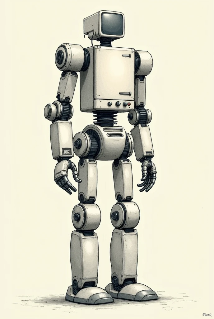 A robot built from a variety of household appliances creatively assembled. The torso is made up of a large appliance, like a refrigerator or dishwasher, while its arms are made up of smaller appliances, as beaters, blenders or irons. His head could be a table lamp or a microwave, with details such as buttons and screens simulating the eyes and mouth. The robot's legs are made of vacuum cleaners or ventilation towers, and their feet of small coffee machines or toasters. The image has a drawing style, with clear lines and precise details that highlight the fusion of the different appliances to form this unique and creative robot. The image is in drawing or illustration style, not in 3D, with visible details on each assembled appliance.