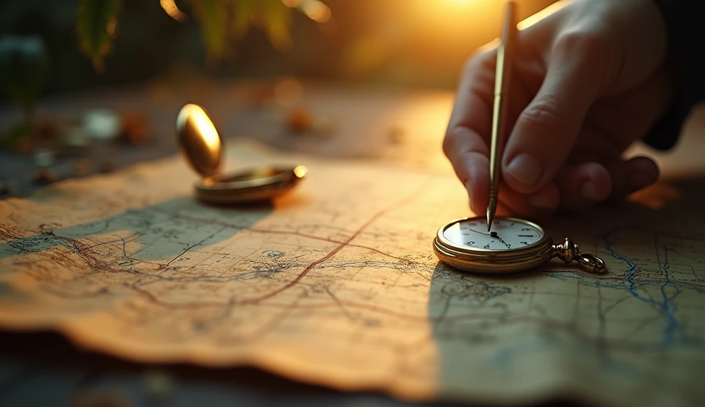 Create a hyper-realistic and mysterious image of a hand drawing a straight line on an old map, connecting dots that symbolize different financial milestones, as an investment, savings and security. from beside, a gold pocket watch is open, suggesting that time is a critical factor in financial planning. The background should be softly blurred, with golden light focusing on the line and the clock, creating a contrast between the planned path and the time available to achieve it. The scene should evoke the sense of control and precision that comes with clear, well-structured financial planning..