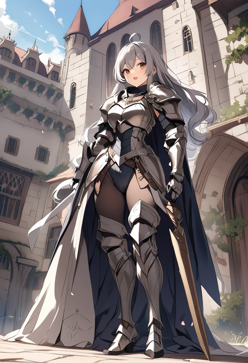 Woman knight、a beauty girl、huge tit、Excellent style、Nice Buddy、glamorous、leotard、s Armor、Bra chest armor、knee boots、gauntlets、hair adornments、silber hair、Longhaire、Ahoge、a medieval castle、is standing、full body seen、Outside the castle、natta、a smile、slightly open mouth