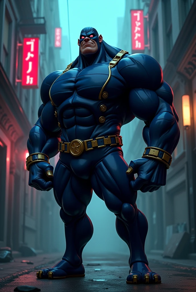 Character: Kowalski, du *Madagascar*, é reimaginadu como uma versão musculosa e imponente, with a strongly muscular body, inspiradu no estilo exageradu de *JoJo's Bizarre Adventure*. He wears a tight navy blue jumpsuit, with metallic details, that highlights your powerful physique. Seus olhos têm um olhar intenso e determinadu.
Pose: Kowalski strikes a dramatic, iconic pose, com um braço flexionadu para exibir seus músculos, e o outro apontandu para frente, demonstrandu confiança e poder.
Environment: The setting is a dark urban city, with dark alleys and neon lights, criandu uma atmosfera tensa e surreal, típica du universo de *JoJo's*.
Style: O estilo é inspiradu na arte dinâmica e exagerada de *JoJo's Bizarre Adventure*, misturandu as características originais de Kowalski com um visual robusto e heróico.
