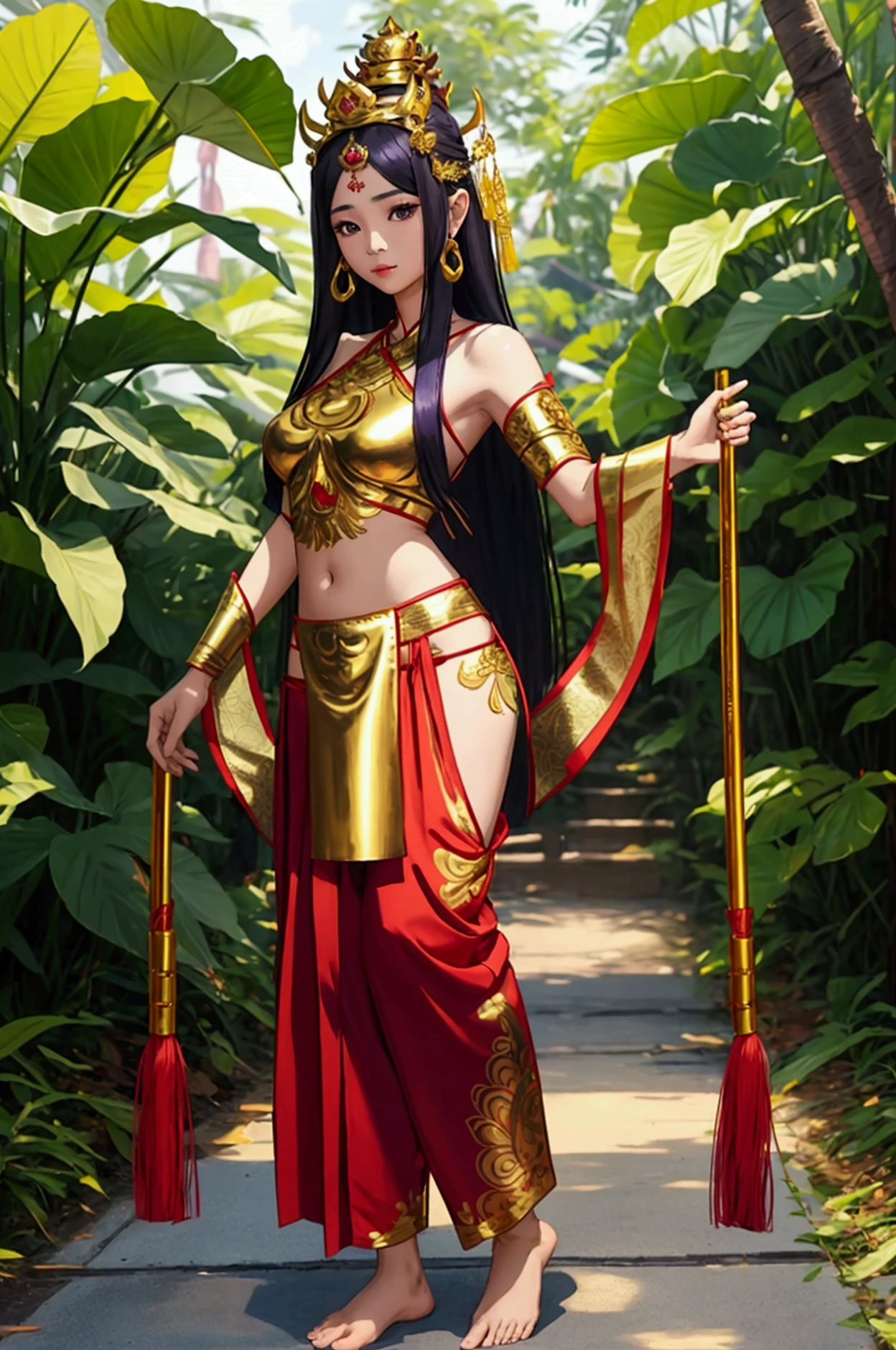 Thai female characters,long hair,Wear Thai clothes,Wear a Thai tube top,,Thai person,Barefoot standing neatly,Thai Shivalai costume with purple chest shield,Put on the leaves,Wearing a golden crown,