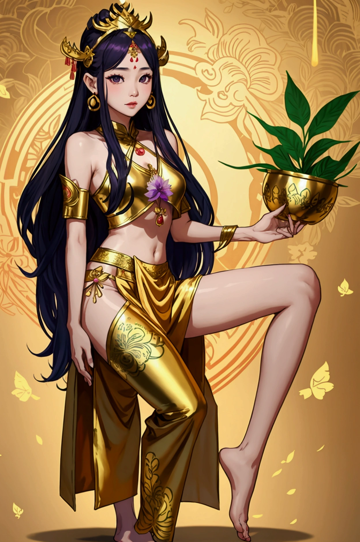 Beautiful woman with long black hair, well curly, displaying sensuality, dancing the ballet, with lingerie robes with green gold and red colors, with jewels and crown in gold, perfect body, in a very beautiful place of lush landscape --auto --s2