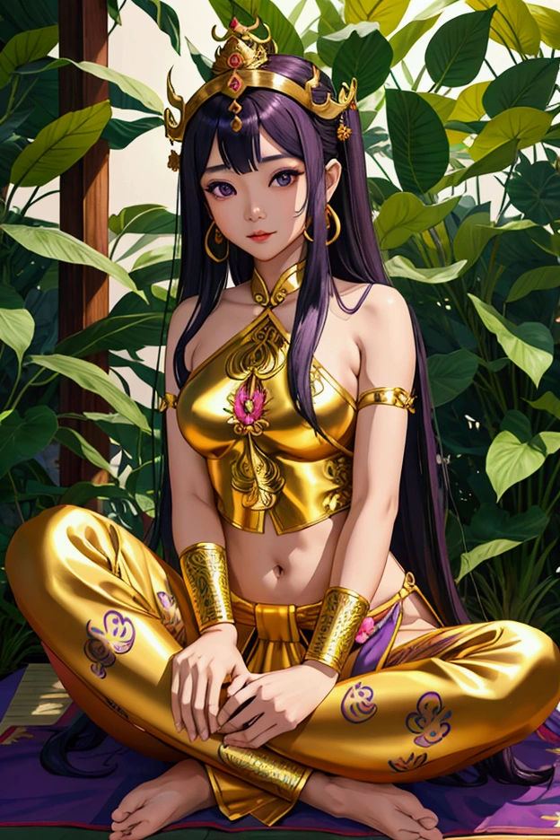 Thai female characters,long hair,Wear Thai clothes,Wear a Thai tube top,,Thai person,Barefoot standing neatly,Thai Shivalai costume with purple chest shield,Put on the leaves,Wearing a golden crown,Thai patterned chong kraben pants