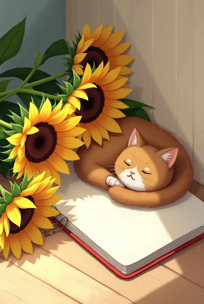 A bunch of sunflowers in the corner and on top of the notebook,Then the cat lies on it