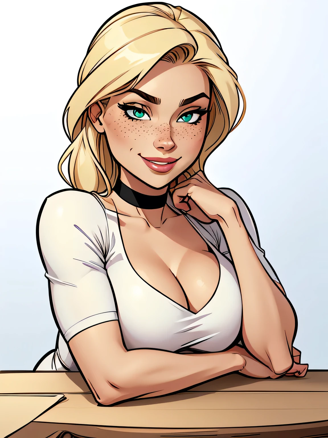 Thin woman, 5, 4K (High definition), mysterious smile, seducing gaze, greeneyes, wearing a white dress with a boat neck and short sleeves, with black belt, arms positioned at the side of the body, Caucasian skin, straight blonde hair up to the shoulders, upper body (hands resting on a table), full of curves with freckles on her chest and neck, round breash-quality Marvel style, white background.