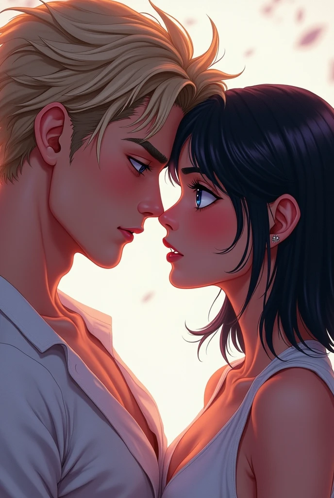 I created a cover where my protagonists are looking into each other&#39;s eyes and the sexual tension is noticeable., desire and love in his gaze A blond man, messy hair, tall and piercing blue eyes. Sharp, masculine features, let the Adam&#39;s apple be seen.
A short woman, shoulder length hair, black and semi wavy, fine and elegant features, She has dark eyes.
Give the image a pastel-colored background