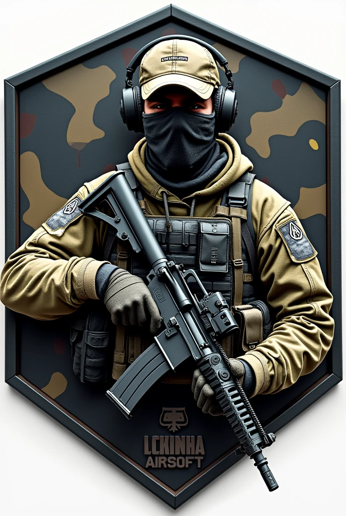Create Hexagonal Rubberized Patch Cliché, camouflage coat of arms background,military coat of arms with the name Lukinha Airsoft, operator carrying an m4 rifle wearing a cap and headphones