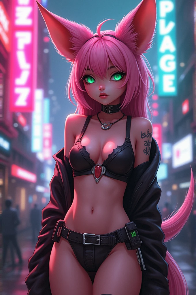 masterpiece, perfect anatomy, Alone, 1 chico, furry, kemono, Shota furry, zorro furry, anthropomorphic, male, pink fur, pink skin, green eyes, femboy, cyberpunk clothing, revealing outfit, Cyberpunk City, strip club, uploaded on e621, cyberpunk technology. Cybernetics, glowing uterus tattoo, por Zackary91 INFO
