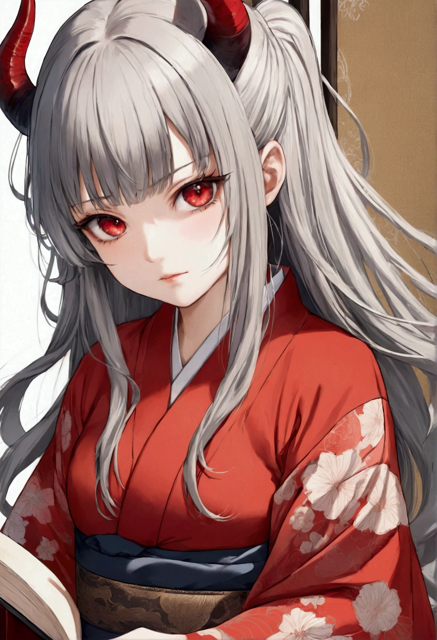 8k, Highest quality, Manga style, View your viewers, Intricate details,One person, Nakiri Ayame, ２Demon horns in the book, Multicolored Hair, Long Hair, Red eyes, Gray Hair, kimono,  