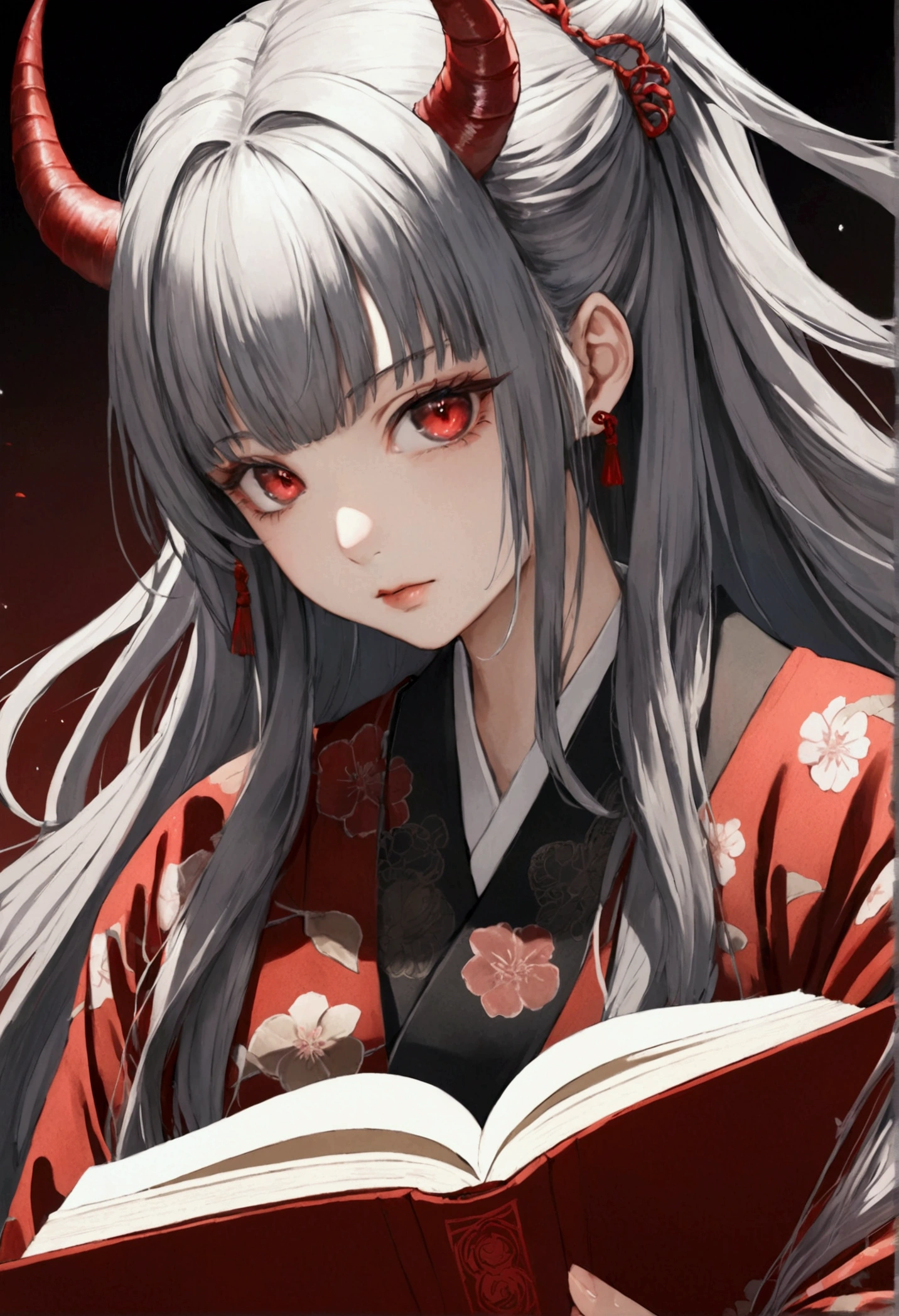 8k, Highest quality, Manga style, View your viewers, Intricate details,One person, Nakiri Ayame, ２Demon horns in the book, Multicolored Hair, Long Hair, Red eyes, Gray Hair, kimono,  