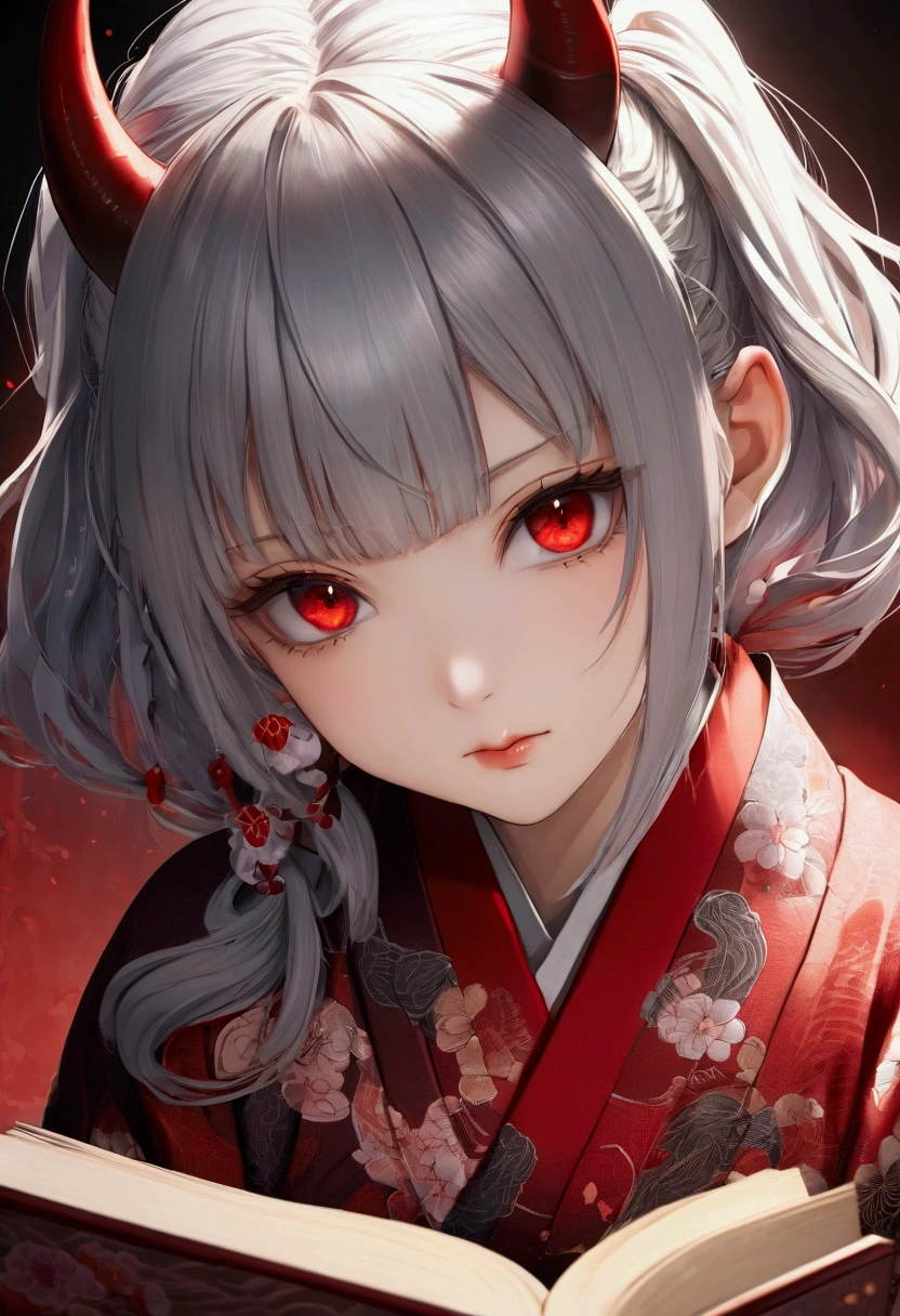 8k, Highest quality, Manga style, View your viewers, Intricate details,One person, Nakiri Ayame, ２Demon horns in the book, Multicolored Hair, Long Hair, Red eyes, Gray Hair, kimono,  