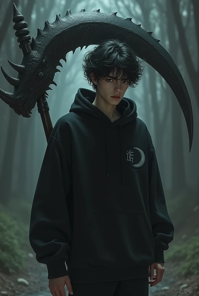 An 18 year old with black curly hair, with very black eyes and native Brazilian and his skin is white, wearing a black sweatshirt with a waning moon symbol on his right chest, with a large scythe where the blade part is the head of a rhinoceros and the horn being the blade and a black tone spectrum at its side 