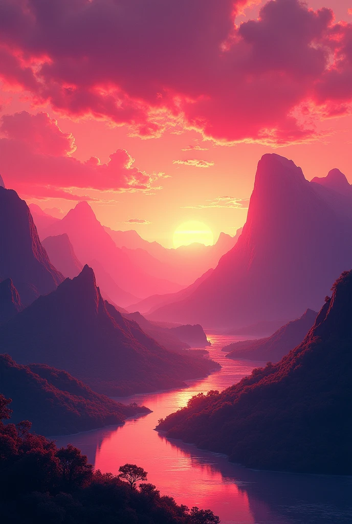 Create for me an aesthetic wallpaper of a stunning landscape that features warm red and purple tones in great quality 