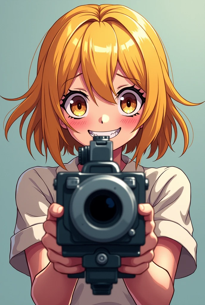 in anime style. A 22 year old girl, with blonde hair, smiling psychopath expression holding a minigun