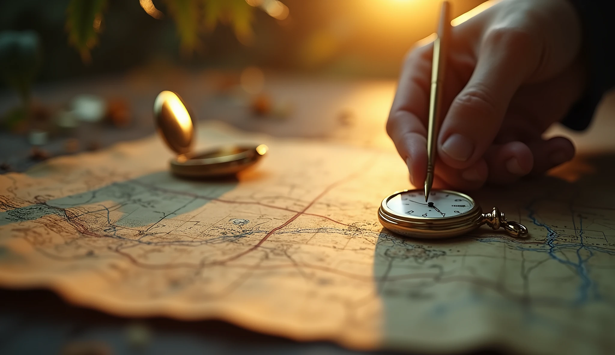 Create a hyper-realistic and mysterious image of a hand drawing a straight line on an old map, connecting dots that symbolize different financial milestones, as an investment, savings and security. from beside, a gold pocket watch is open, suggesting that time is a critical factor in financial planning. The background should be softly blurred, with golden light focusing on the line and the clock, creating a contrast between the planned path and the time available to achieve it. The scene should evoke the sense of control and precision that comes with clear, well-structured financial planning..