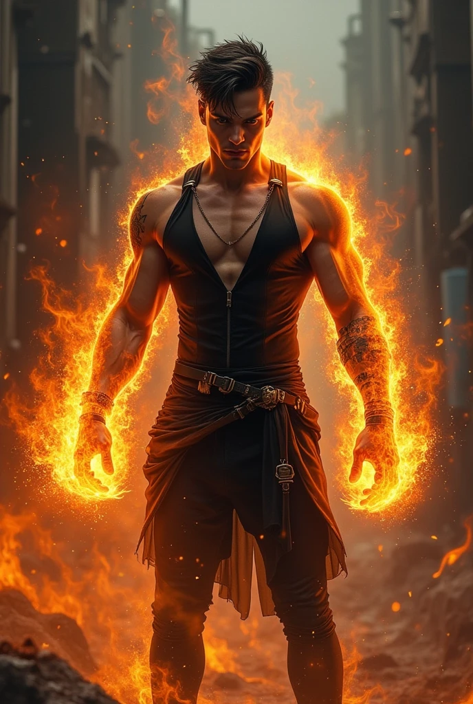 High detail: 1.2 8K: 1.2 Better illumination: 1.2
A strong twink man, muscular with short, orange undercut hair and freckles, stands in a battle-ready stance with his arms crossed. He is shirtless, revealing his well-defined torso and arms. He wears fitted pants adorned with flame patterns in red and black. His smooth, well-groomed underarms are visible. In his right hand, he wields a gleaming katana, its blade reflecting the fiery ambiance of the scene. His gaze is directed straight ahead with a fierce, determined intensity. The background is ablaze with warm hues of red, orange, and gold, creating a dramatic and intense atmosphere with flames flickering and casting dynamic shadows. The ground is covered in glowing embers and ash, reflecting the fiery nature of his element. The image is rendered in a photorealistic, hyper-realistic 8k style, with vibrant HDR and chiaroscuro lighting that highlights the fiery energy and motion of the scene, accentuating his commanding presence and readiness for battle.