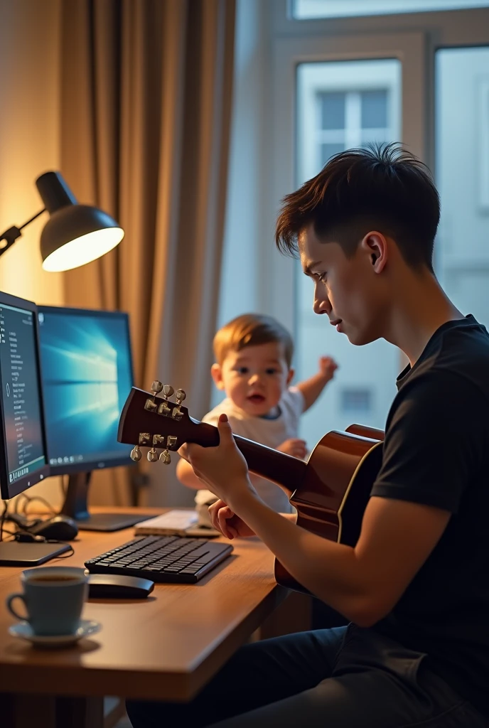 A short-haired IT expert wearing a black t-shirt is working in his room and there are three laptops on his desk., a cup of coffee, and vape. And beside him there was a five year old fat baby boy., short hair playing guitar. Real-like photo results.