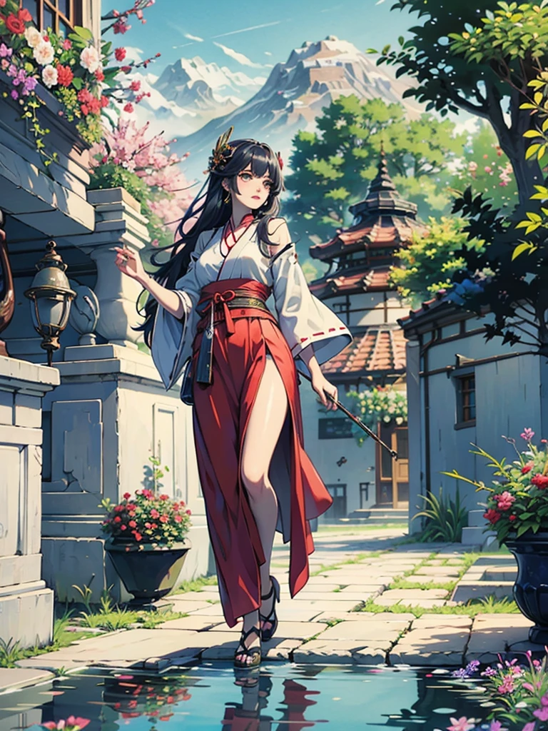 Magnificent View、Floating Island、Hanging Garden、Outdoor、Vision、anime、High definition、Miko costume、Holy Maiden、Dancing and spinning in a garden full of blooming flowers、Silver Hair（Long Hair、The top of the head is indigo blue、The ends of the hair are red.）、Jade Eyes