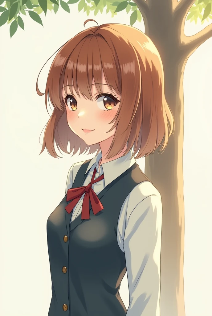 (extremely delicate and beautiful: 1.2), 1 girl, fashion girl, bangss, beautiful eyes, 弓, chestnut hair, cloused mouth, sideways, hair between the eyes, hair 弓, manga curta, gazing at viewer, medium hair, standing alone, trunk, schoolar uniform: 1.3, ((standing alone)), (work of art), blond