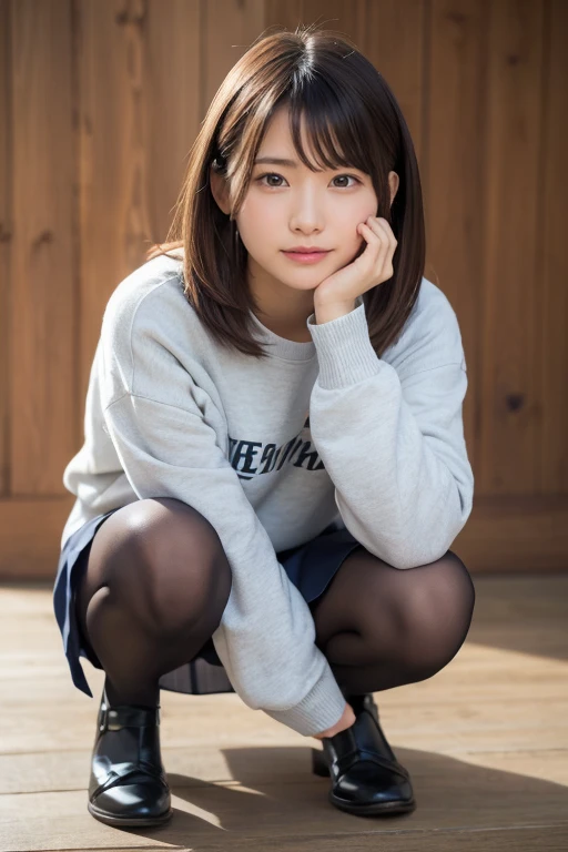(Happy expression:1.26)、RAW Photos、(((The ultimate beauty full-body photography)))、((Glowing Skin))、1 girl、Beautiful 17 year old girl from Prague、Bright expression、((Brown haired))、Girl in sweatshirt、Skirt、View from the floor、(Long stockings or pantyhose)、(Skirt中)、Spread your legs、squat、Contrapuntal Shot、((Ultra-detailed))、(Perfectly detailed face)、(Detailed hands)、Photorealistic imageasterpiece、最high quality、Ultra-detailed、Film Light、Intricate details、High resolution、Very detailed))、Detailed Background、8 time、Digital SLR、Soft Light、high quality、Film Grain、Fujifilm XT3 、Shallow depth of field、Natural soft light、Kamimei、Lift up your skirt yourself、((Flip up your skirt and show your panties))