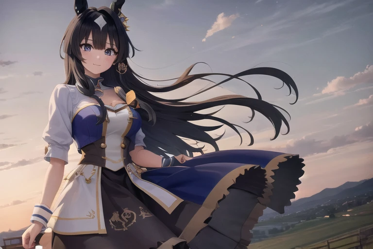 Vershina、Horse Girl。Alone on a hill overlooking the night view, a beautiful woman with horse ears、Mature Woman、Beautiful breasts、valley、(White jacket、blue strapless dress、collar、One Sleeve、Wrist cuffs、skirt、pantyhose, Earrings)、Smiling at the camera、strong winds blowing up from below、Neat and clean pose、Chest centered。