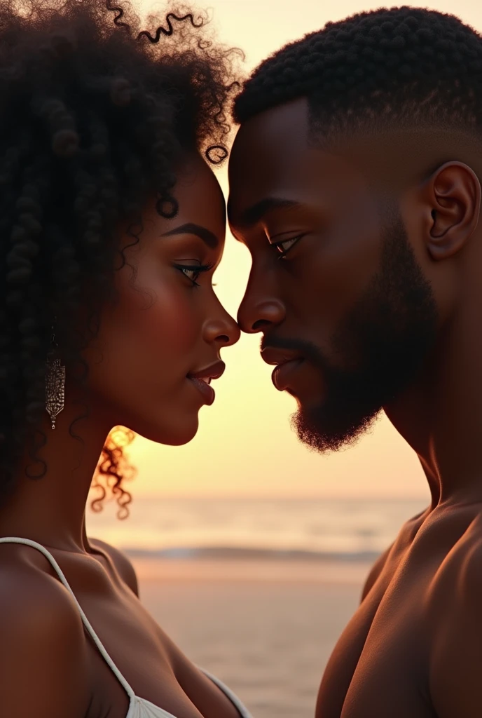 African couple, a man tenderly offers a flower to his woman. The woman, grinning delightfully, cradles the bloom on her hand, the petals contrasting softly with her dark skin. The scene is set in the warm golden hues of a sunset, capturing the tranquil and romantic moment in ultra-high definition, 8K. A masterpiece of realism, the photograph evokes a sense of peace and fondness between the two.