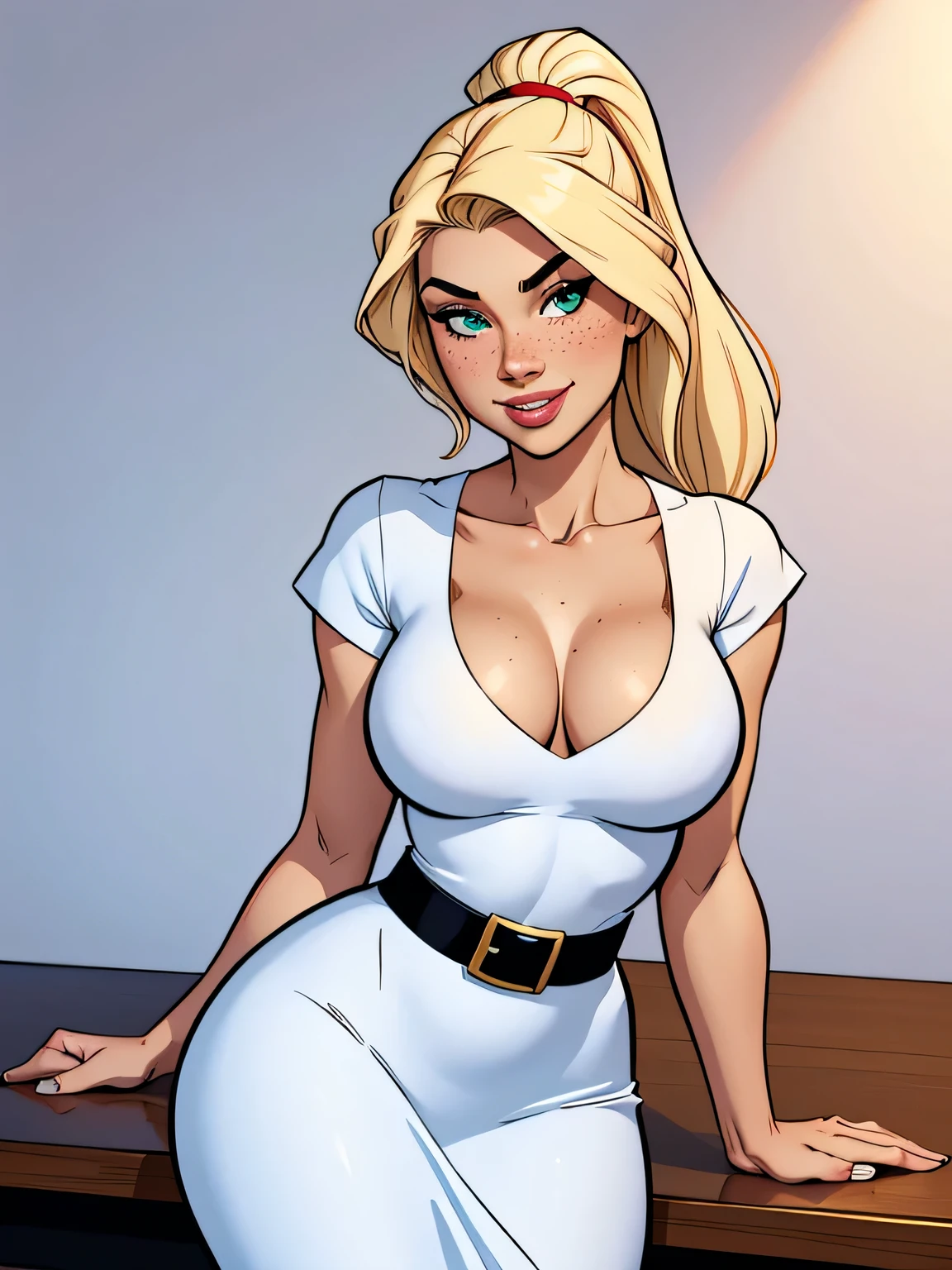 Thin woman, age 25, 4K (High definition), mysterious smile, seducing gaze, greeneyes, wearing a white dress with a boat neck and short sleeves, with black belt, arms positioned at the side of the body, Caucasian skin, straight blonde hair up to the shoulders, upper body (slightly inclined with hands resting on a table), full of curves with freckles on her chest and neck, round breasts. High-quality Marvel style, white background.