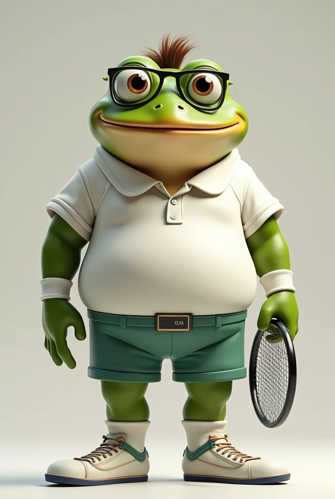 Create an image with a man's body, the face must have the characteristics of a frog, but maintaining the characteristics of a human, wearing rectangular glasses, short hair combed to the side, hair color should be brown, with smile, tennis player with a slightly chubby frame