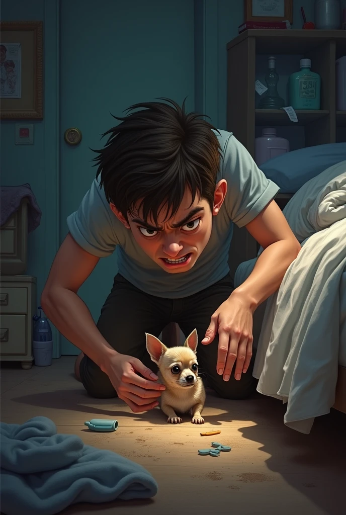 Angry young man goes to his room to look for his chihuahua dog hiding under the bed