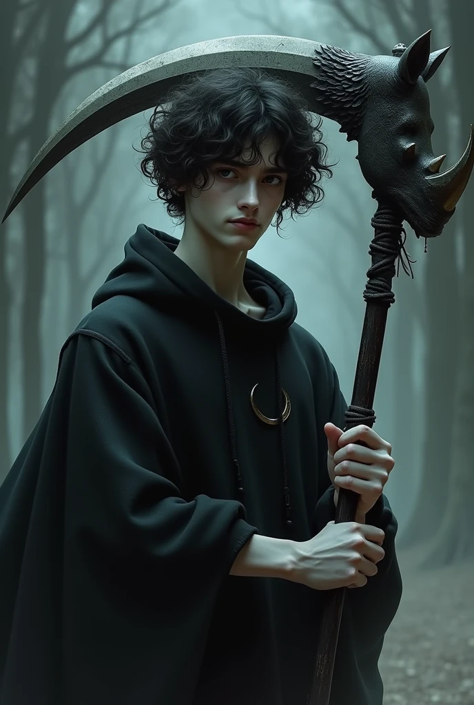 An 18 year old with black curly hair, with very black eyes and native Brazilian and his skin is white, wearing a black sweatshirt with a waning moon symbol on his right chest, with a large scythe where the blade part is the head of a rhinoceros and the horn being the blade and a black tone spectrum at its side