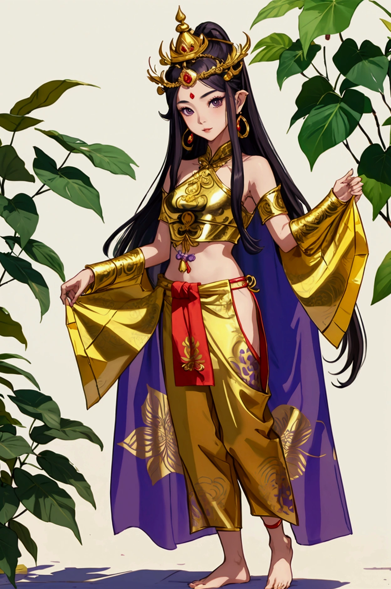 Thai female characters,long hair,Wear Thai clothes,Wear a Thai tube top,,Thai person,Barefoot standing neatly,Thai Shivalai costume with purple chest shield,Put on the leaves,Wearing a golden crown,Thai patterned chong kraben pants