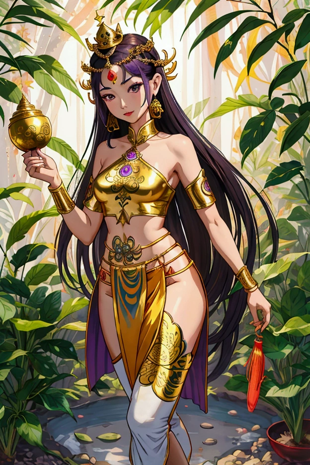 Thai female characters,long hair,Wear Thai clothes,Wear a Thai tube top,,Thai person,Barefoot standing neatly,Thai Shivalai costume with purple chest shield,Put on the leaves,Wearing a golden crown,Thai patterned chong kraben pants