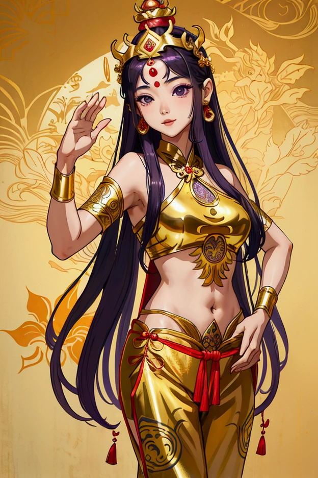 Thai female characters,long hair,Wear Thai clothes,Wear a Thai tube top,,Thai person,Barefoot standing neatly,Thai Shivalai costume with purple chest shield,Put on the leaves,Wearing a golden crown,Thai patterned chong kraben pants