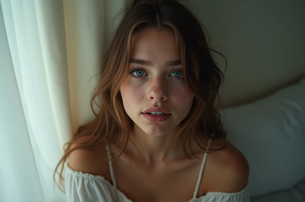 fot, taken from a distance that shows the entire body, She is very young, in house, in his bedroom, Normal sleepwear, long brown hair, a wry smile softened - tears in the eyes, contained excitement, Soft lighting on your face, realistic skin-clothes-hair textures, sky blue eyes carpeted mist, beautiful real textures and delicate aesthetics, full body view, notable for natural feminine beauty, noise, 8 k quality, FOTO RAW, by professional photographer, rule of thirds, Extremely Detailed