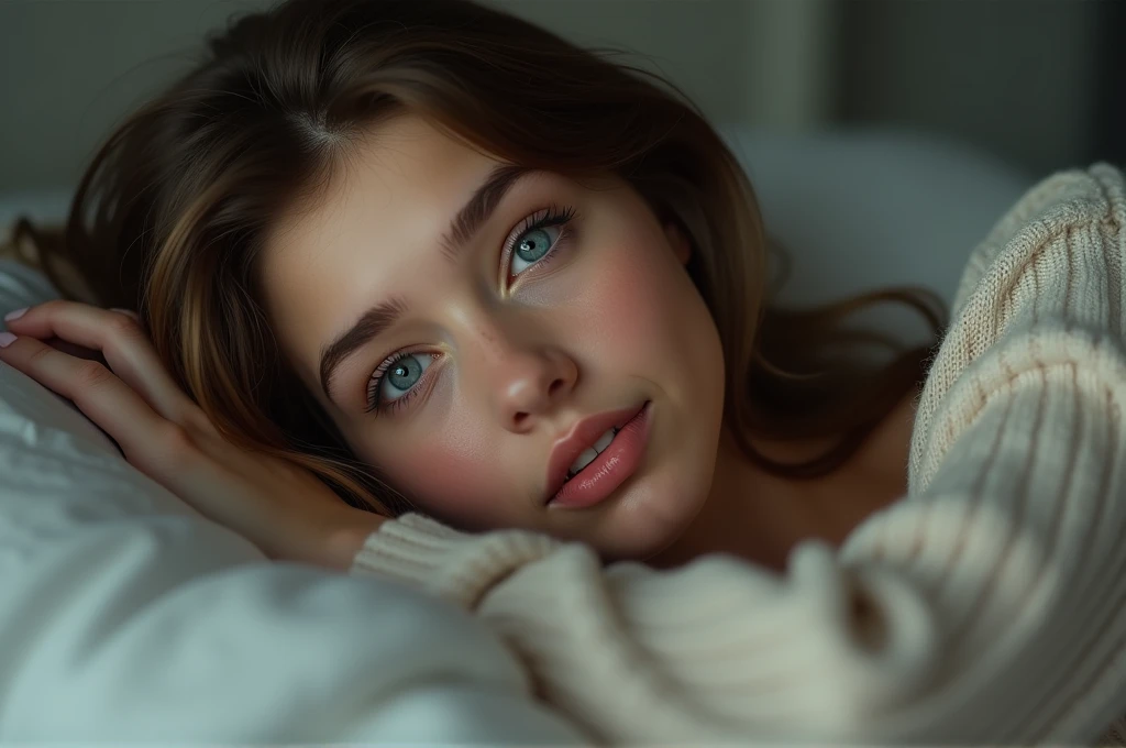 fot, taken from a distance that shows the entire body, She is very young, in house, in his bedroom, Normal sleepwear, long brown hair, a wry smile softened - tears in the eyes, contained excitement, Soft lighting on your face, realistic skin-clothes-hair textures, sky blue eyes carpeted mist, beautiful real textures and delicate aesthetics, full body view, notable for natural feminine beauty, noise, 8 k quality, FOTO RAW, by professional photographer, rule of thirds, Extremely Detailed