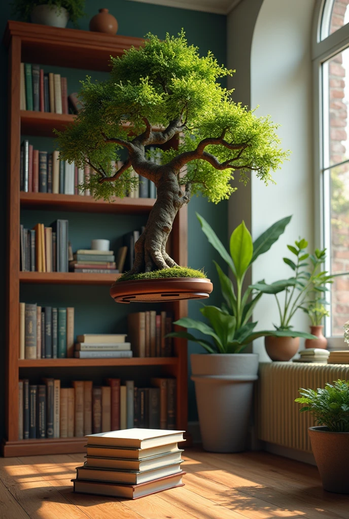 a bookshelf with a bonsai plant falling from a plane