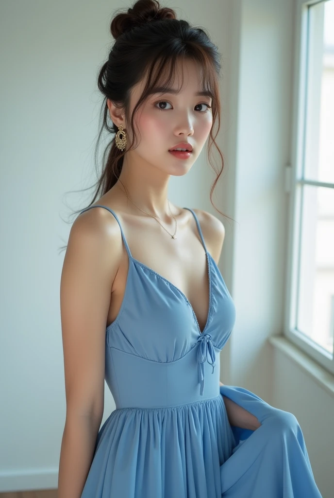 Highest quality、Photographed in natural light、Full Body、Highly realistic photos、Detailed beautiful face、Large Breasts、Japanese women、profile、One person、30-year-old female、Summer clothes、Blue dress、Upstyle Hair、Don't look at the camera、indoor、In front of a white wall、Big Breasts,Chain earrings、whole body、Glossy lips、Flip up the skirt