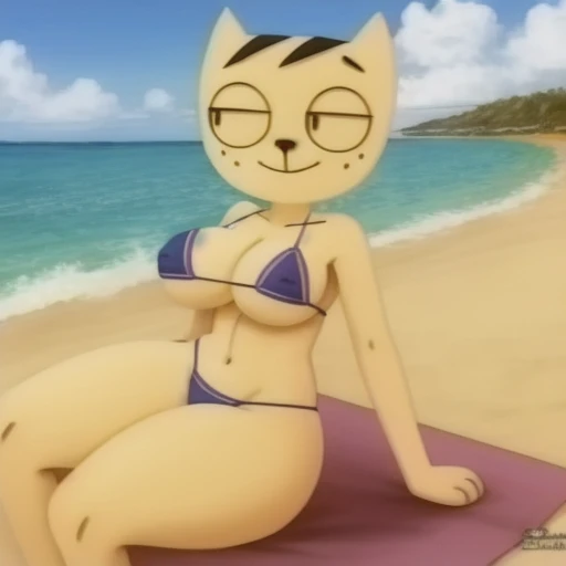 kitty bobo, 1girl, solo, furry, bikini, huge breast, huge thighs, beach