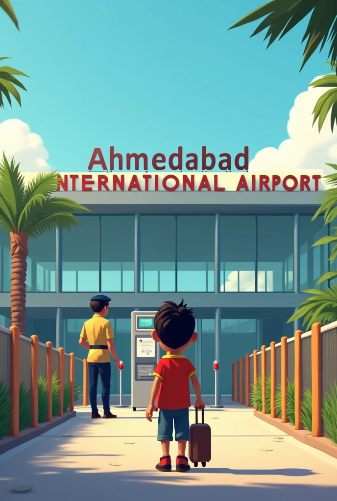Animated boy is heading towards entrance of airport with luggage bag and their is secuirty with gun and he is checking document of peole. Security is in millatry uniform . Only 1 person is security . In front of boy. Airport there is big name ' Ahmedabad International Airport '. Pov behind the boy.