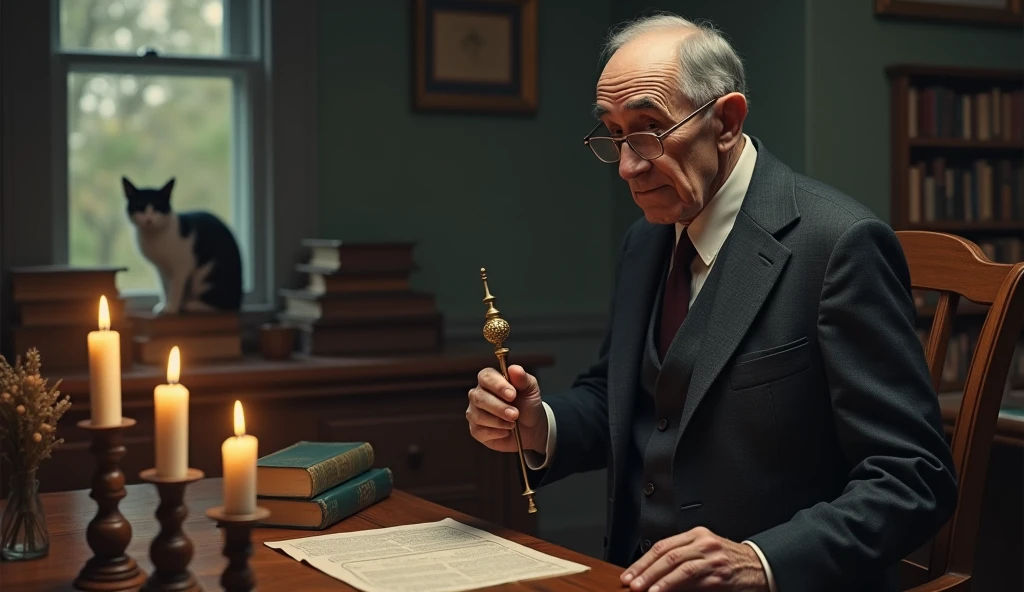 An elderly man with a thin, serene and contemplative expression. He has short, dark hair, slightly balding in the front, slightly graying, no beard, and wears a classic 1930s suit, with small, square, prescription glasses and a discreet tie. Cayce is standing next to a vintage-looking chair in an environment reminiscent of an old office with 3 candles on the table with a black and white cat, with books and papers in the background. The soft, diffuse lighting highlights his face, conveying an aura of wisdom and introspection. In one hand, he holds a prophecy object, symbolizing his knowledge and psychic abilities. The scene has a nostalgic and mysterious tone, reflecting the enigmatic nature of his predictions and readings. Through the window there is nature