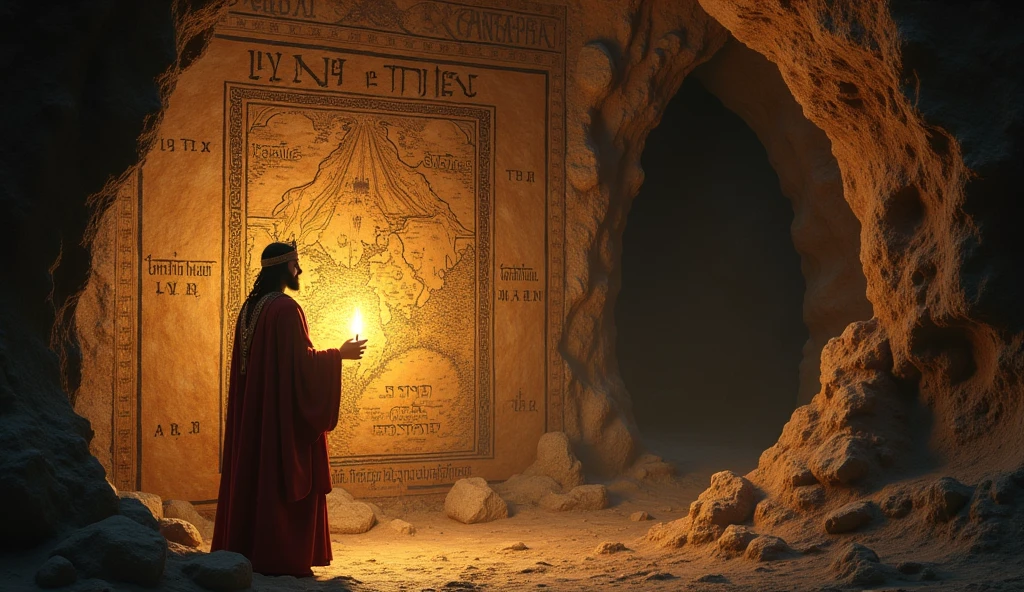 Create a hyper-realistic and mysterious image of Solomon in a secret cave, where he stands before an ancient mural carved into the stone, showing a detailed map leading to a hidden treasure. He is lighting the map with a torch, and the cave around it is filled with ancient symbols and inscriptions, suggesting that the path to wealth was planned long ago. Solomon's expression should be one of curiosity and focus., as he studies the map. The golden light from the torch should create dramatic shadows on the cave walls., highlighting the importance of discovering and following a clear plan to achieve prosperity.