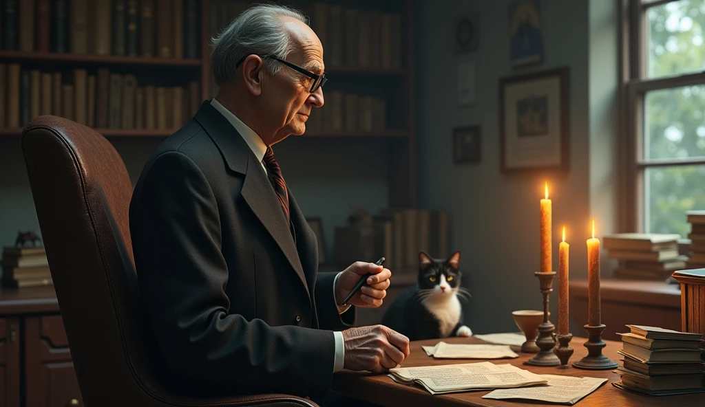 An elderly man with a thin, serene and contemplative expression. He has short, dark hair, slightly balding in the front, slightly graying, no beard, and wears a classic 1930s suit, with small, square, prescription glasses and a discreet tie. Cayce is standing next to a vintage-looking chair in an environment reminiscent of an old office with 3 candles on the table with a black and white cat, with books and papers in the background. The soft, diffuse lighting highlights his face, conveying an aura of wisdom and introspection. In one hand, he holds a prophecy object, symbolizing his knowledge and psychic abilities. The scene has a nostalgic and mysterious tone, reflecting the enigmatic nature of his predictions and readings. Through the window there is nature