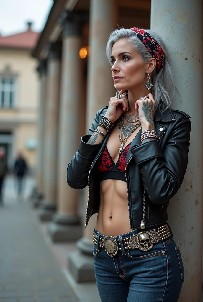 russian milf woman, grey hair (middle part) and wide colourful bandana as headband, with very light blue eyes, extremely pale. Wearing studded cropped black moto jacket with lots of zippers and pins, black and red lace push up bra , dark skinny blue jeans and pointy silver Chelsea boots with cuban heels . Lots of colourful thick bracelets, colourful collars and colourful rings. Tacky wide studded leather belt with oversized skull and bones buckle. Long bohemian earrings with feathers. Standing up, humble facial expression. Hands on her neck, showing off bracelets and rings. Chains around belt.. Listening in amazement to somebody speaking to her, toned six pack abdominals, thin neck, slim legs and thin arms. Tattoed heavily.