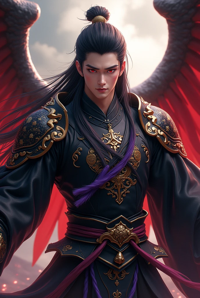 Handsome xianxia protagonist,man,guy,long black obsidian hair, Crimson red eyes and long black hair with white undertone,and the sharp gold halberd scratched on his forehead,use armour featuring like Tao tie chinese with black dominant color,the tassel of the armour like river of galaxy, combination of purple strand and black dominant color,with majestic golden line ,held halberd of creation god,  and black with red dominant color wings at back, wings at back,terrifying aura around,24K ultra hd,face and eyes detail,forehead detail,lips and face detail,masterpiece ,better quality 