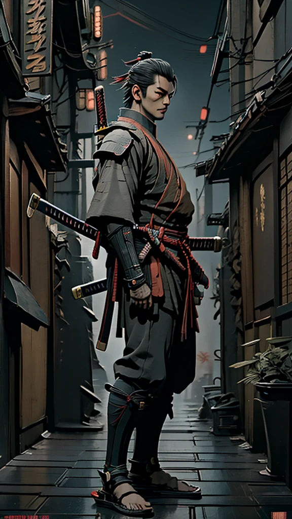 a close up of a person holding a katana in a city, very beautiful cyberpunk samurai, cyberpunk samurai, neon samurai, samurai jedi, full body of a cyberpunk samurai, [ trending on cgsociety ]!!, sith lord. dramatic lighting, trending on artstation.', andreas rocha style, urban samurai, cyborg samurai, inspired by Kanō Hōgai, posed