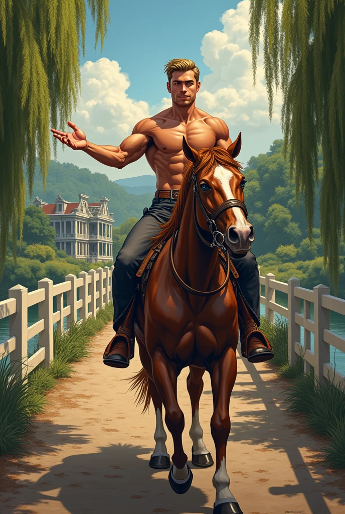 illustration wide shot  a young blond, muscled_toned_perfect_body, man, wearing short, ridding a black horse on the bridge smiling exteding his hand "come with me" hansome, modern hair cut, oval face, large blue eyes, roman nose, full lips, square chin, he is smiling, in the distance a style realism+neoclassical, intricate details, leading lines composition, intense cold solid colors, plantation_house_ in_louisiana+river+bridge+pathway+forest,   flanked bwillow trees 