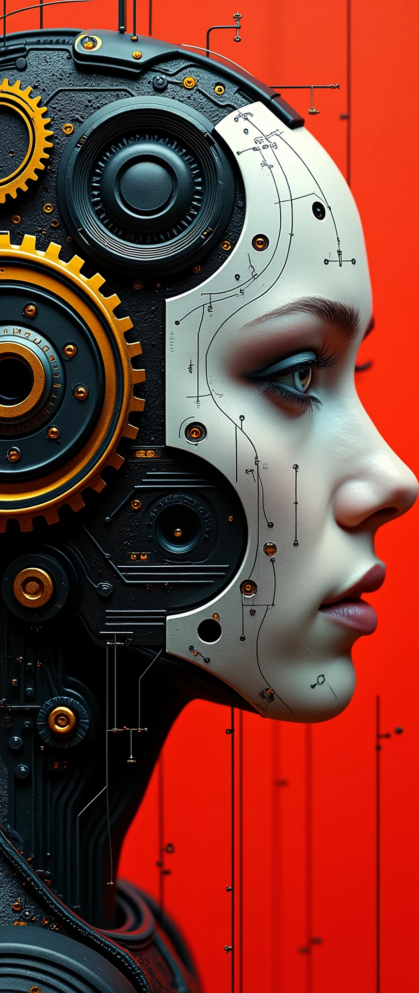 A futuristic cyborg's face fills the frame, split by a metallic-organic dichotomy. Metallic half: gears whirring, wires snaking, mechanical parts clicking. Organic half: black ink tattoos swirl, symbols blend seamlessly into metal. Eyes: cybernetic gold glow on one side, piercing natural intensity on the other. Red-black abstract background complements the face. High contrast emphasizes intricate details: circuitry patterns, shapes, and gears merge in a technological-human fusion.